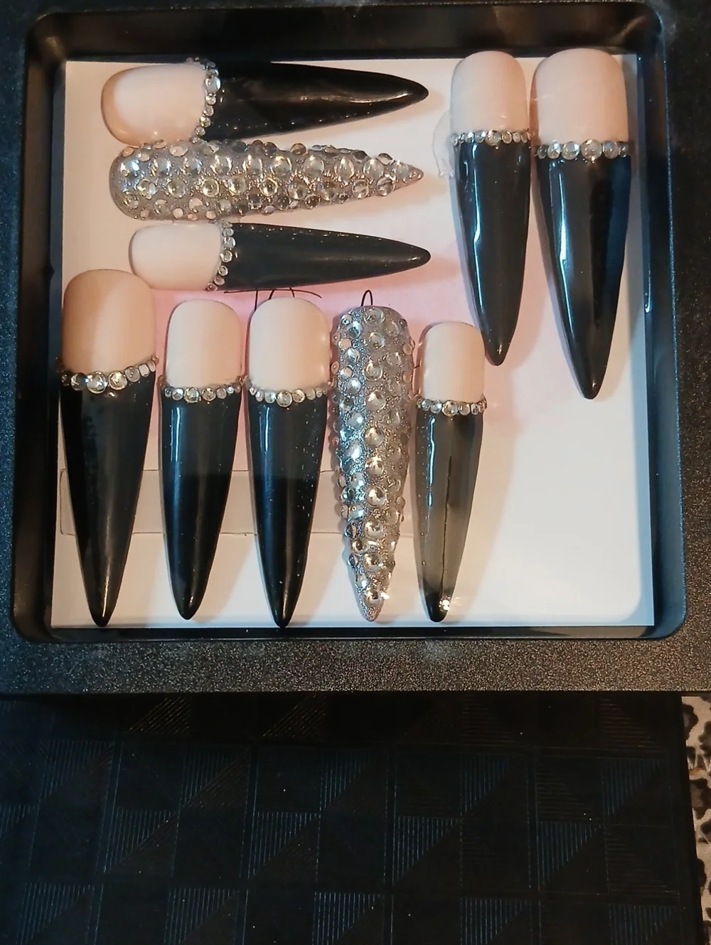 Black & Nude Rhinestone Stiletto Press-On Nail Set Size Large